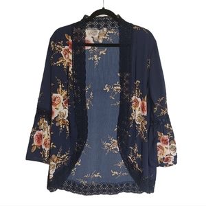 Navy Blue Pink Floral Print Crochet Trim Bell Sleeve Open Shawl Cardigan XL